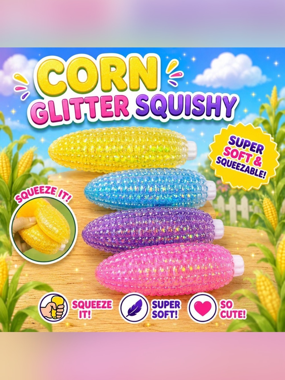 Corn Glitter Squishy -Blue or Purple